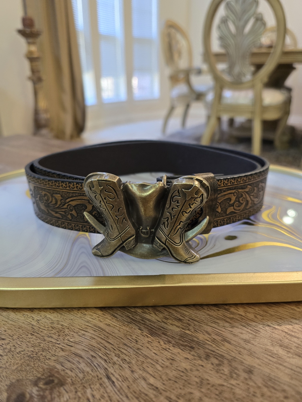 Ornate Brown Leather Western Belt with Cowboy Boot Buckle